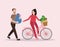 Couple buy vegetable riding bicycle happy healthy shopping male and female