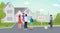 Couple buying home vector illustration. Real estate agent showing cottage, townhouse to buyers with child cartoon