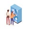 Couple buying water in automatic vending machine vector isometric illustration. Male and female paying for refreshing