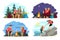 Couple camping illustration set. Man and woman traveling in mountains and forest with backpacks. Tourist outdoor scenes