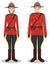 Couple of canadian policeman and policewoman in traditional red uniforms standing together on white background in flat