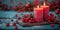 A couple of candles sitting on top of a wooden tray