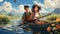 couple in a canoe floating on the river
