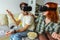 Couple in casual clothes wear the virtual reality glasses are watching and showing imagine via the VR camera