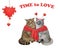 Couple of cats in love near heart shaped clock