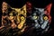 a couple of cats that are sitting next to each other on a black background with a yellow and orange eyeball in the middle of the