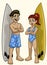 Couple character cartoon of surfer boy and girl