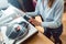 Couple choosing turntable record player in a store