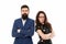 Couple colleagues man with beard and pretty woman on white background. Business partners leadership and cooperation