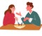 Couple communicates and eat. Eating pasta together concept. Young happy couple cartoon characters sitting at table eating fresh