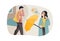 Couple communicating through phone. Cartoon people talking with smartphones. Woman calling and warning man about rainy