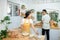 Couple cooking bakery in kitchen room, Young asian man and woman together making cake and bread with egg