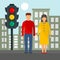 Couple at crosswalk concept background, flat style