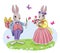 Couple cute, funny white rabbit or bunny. Romantic gift. Fairytale story. Magic meadow. Vector.
