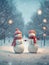 A couple of cute snowmen in love. Template for greeting card with copy space