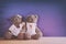 couple of cute teddy bears hugging on wooden table