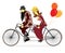 Couple of cyclists on tandem bicycle with balloons. Vector illust