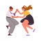 Couple dance tap, swing in retro style. Partners perform twist, lindy hop. Dancers move by energetic music. Happy people