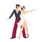 Couple of dancers dressed in elegant clothing demonstrating salsa figure. Pair of young man and woman performing