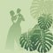 Couple dancing in a monstera garden. Tropical background.