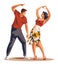 Couple dancing salsa with joyful expression. Man in red shirt, woman in floral dress enjoy dance. Latin American dance