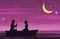Couple date by row boat,pink color tone,silhouette design