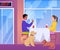 Couple dating in Dog friendly restaurant together, flat vector illustration.
