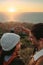 Couple deeply in love standing on mountain