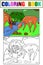 Couple, deer family at a watering hole, in a forest. Set coloring book and color picture. Raster