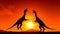 Couple of dinosaurs standing next to each other in front of sunset. Generative AI