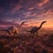 A couple of dinosaurs standing on top of a hill. Generative AI image.