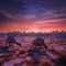 A couple of dinosaurs standing on top of a sandy field. Generative AI image.