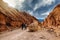 couple discovering the famous golden canyon in death valley in california with manly beacon in the background