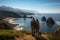 couple and dog looking sea and cliffs