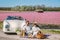 couple doing a road trip with a old vintage car in the Dutch flower bulb region with tulip fields
