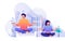 Couple doing yoga at home scene. Man and woman sitting in lotus position. Healthy lifestyle, meditation and contemplation,