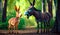 Couple of donkey standing next to each other in forest. Generative AI