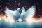 couple doves covered in glowing lights, in a wedding scene Ai generated