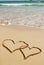 Couple drawing a heart on wet golden beach