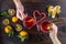 Couple drinks mulled wine in glass cups