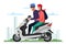 Couple driving moped over cityscape flat cartoon