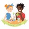 Couple eating. Vector illustration of multicultural pair in flat cartoon style on white background. African boy biting