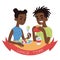Couple eating. Vector illustration of multicultural pair in flat cartoon style on white background. African boy biting