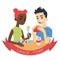Couple eating. Vector illustration of multicultural pair in flat cartoon style on white background. Asian boy biting