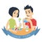 Couple eating. Vector illustration of multicultural pair in flat cartoon style on white background. Asian boy biting