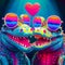 Couple of elderly multicolored crocodiles with hearts. AI generative