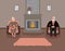Couple elderly people is sitting by the fireplace in a beautiful cozy living room in brown and peach tones