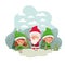 Couple elves with santa claus and christmas trees with snow