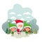Couple elves with santa claus and christmas trees with snow