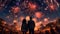 A couple embraces, smiling, surrounded by fireworks on New Year generated by AI